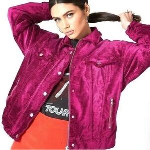Women’s Velvet Trucker Jacket - Fuchsia Pink